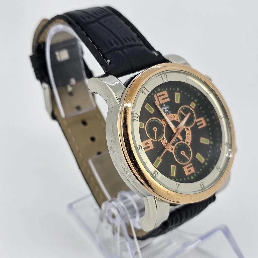 Men's Analog Watch 43MM Black Dial‎ Black Faux Leather Bands New Battery